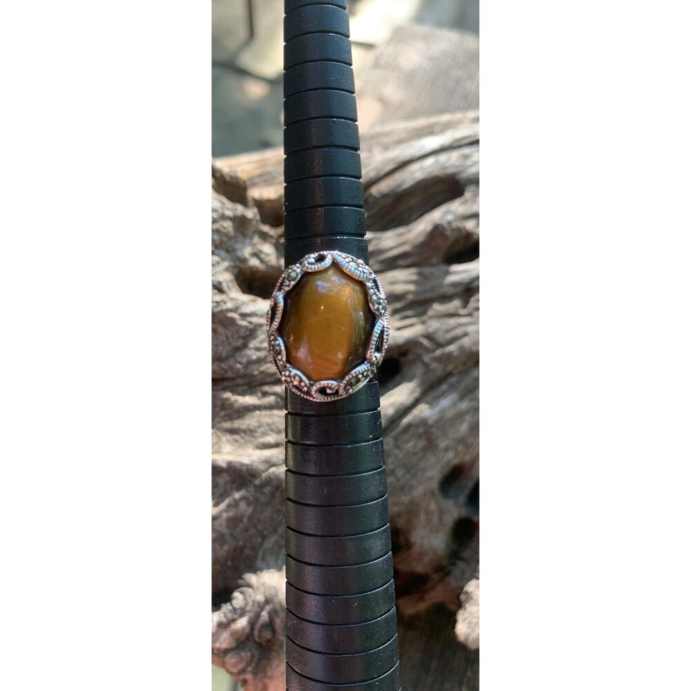 Sterling Silver, Tigers eye and Marcasite Ring